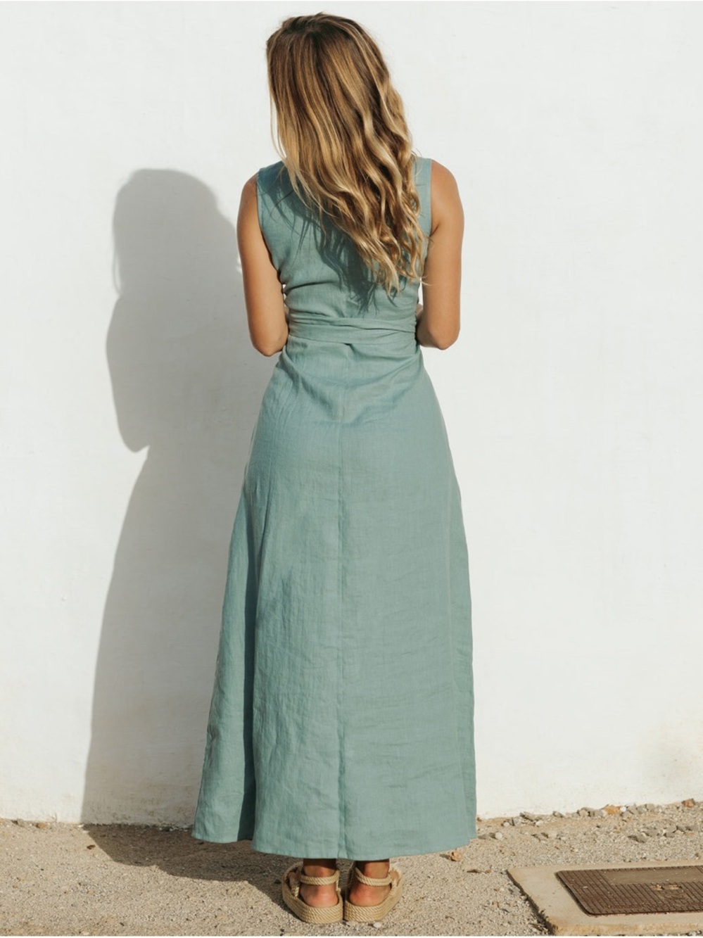 MagicLinen BORACAY Teal Blue Linen Maxi Dress 100% European Flax Pockets XS - Picture 5 of 16